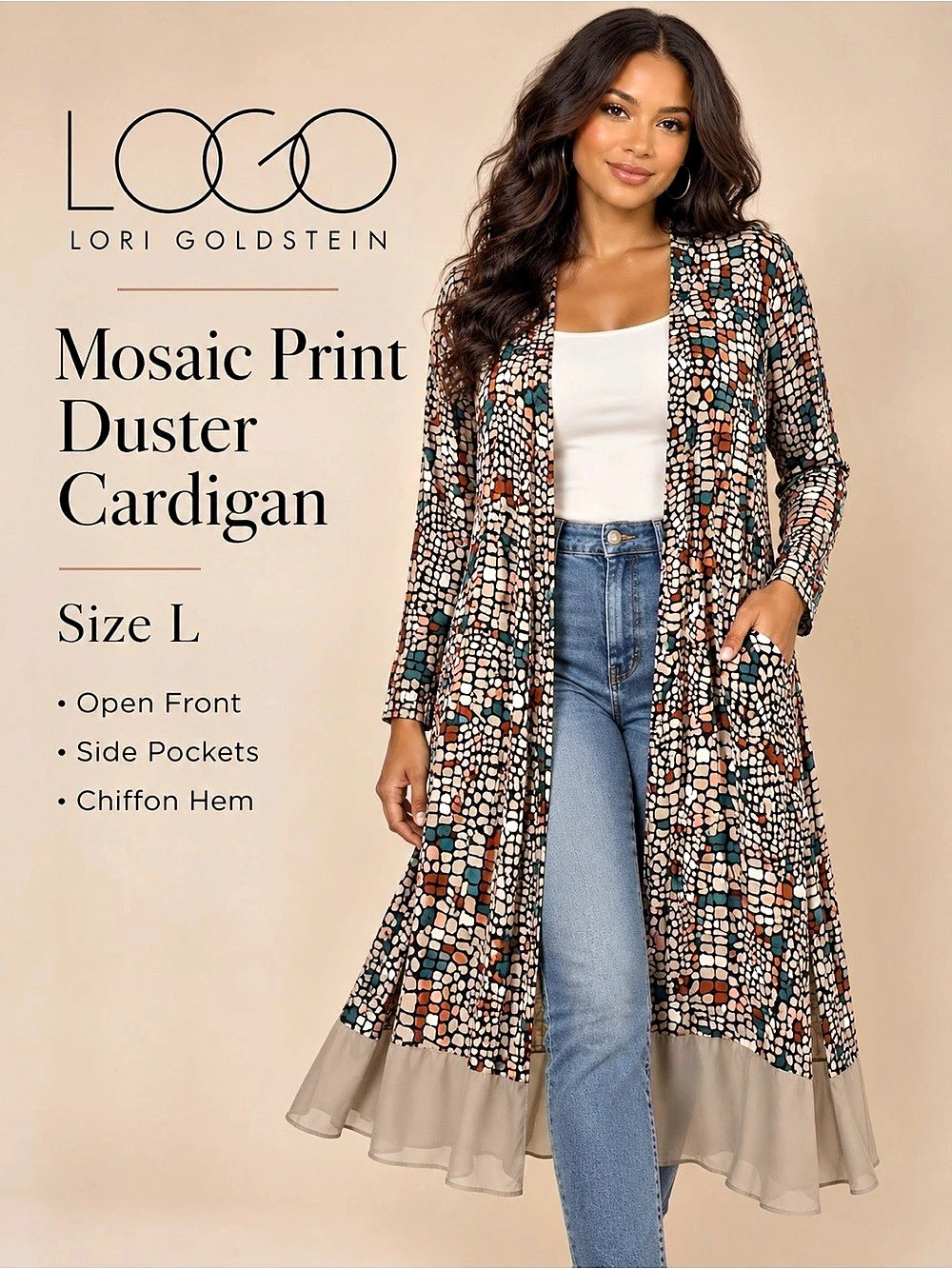 Lori Goldstein Mosaic Print Duster Cardigan Geometric Duster Cardigan in Black &